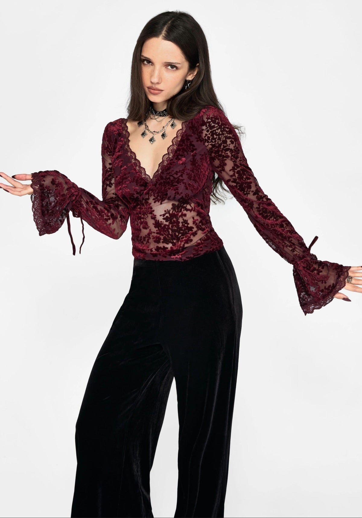 Delilah Corded Flock Long Sleeve Blouse