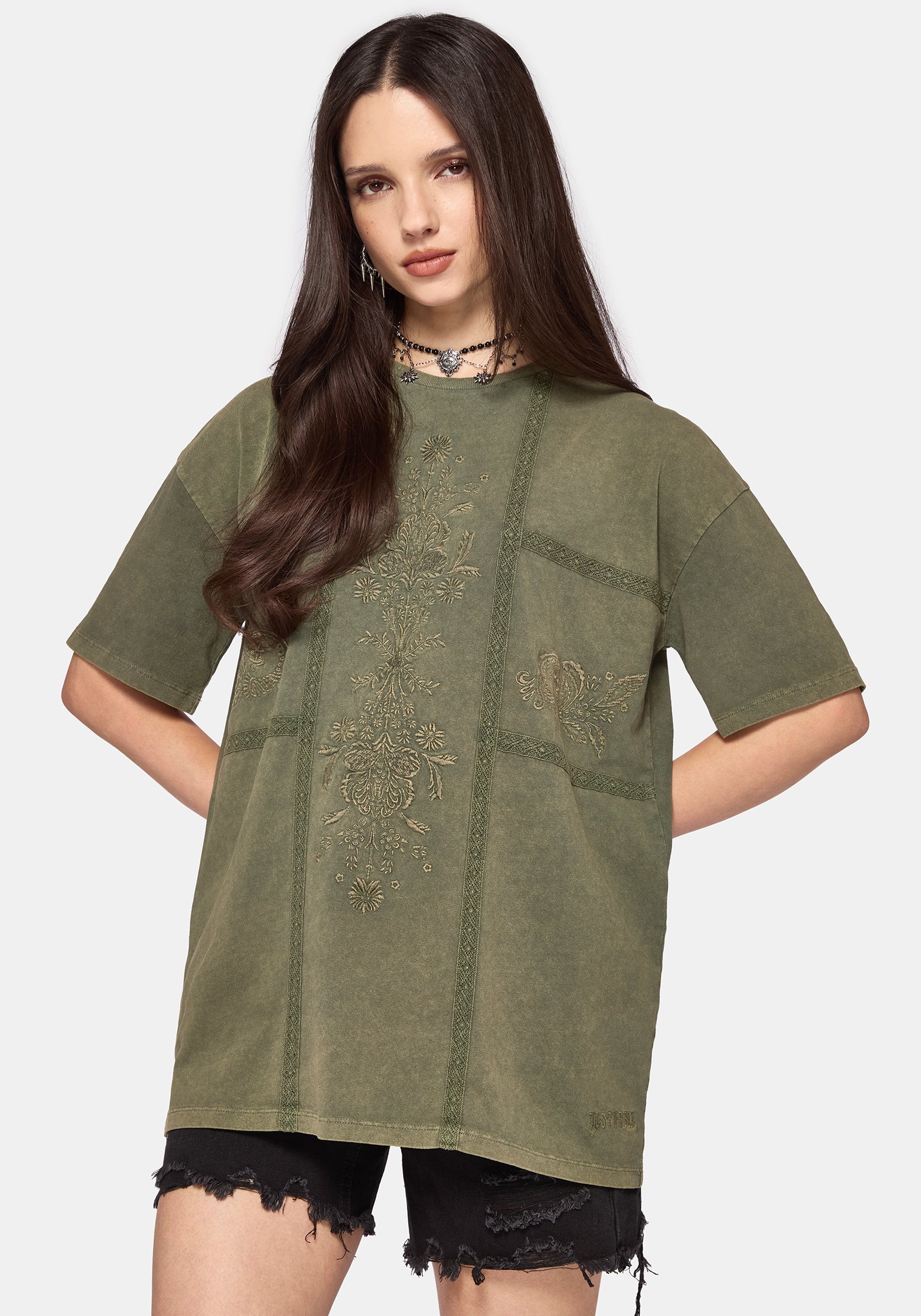 Blake Lace Oversized Graphic T-Shirt - Khaki