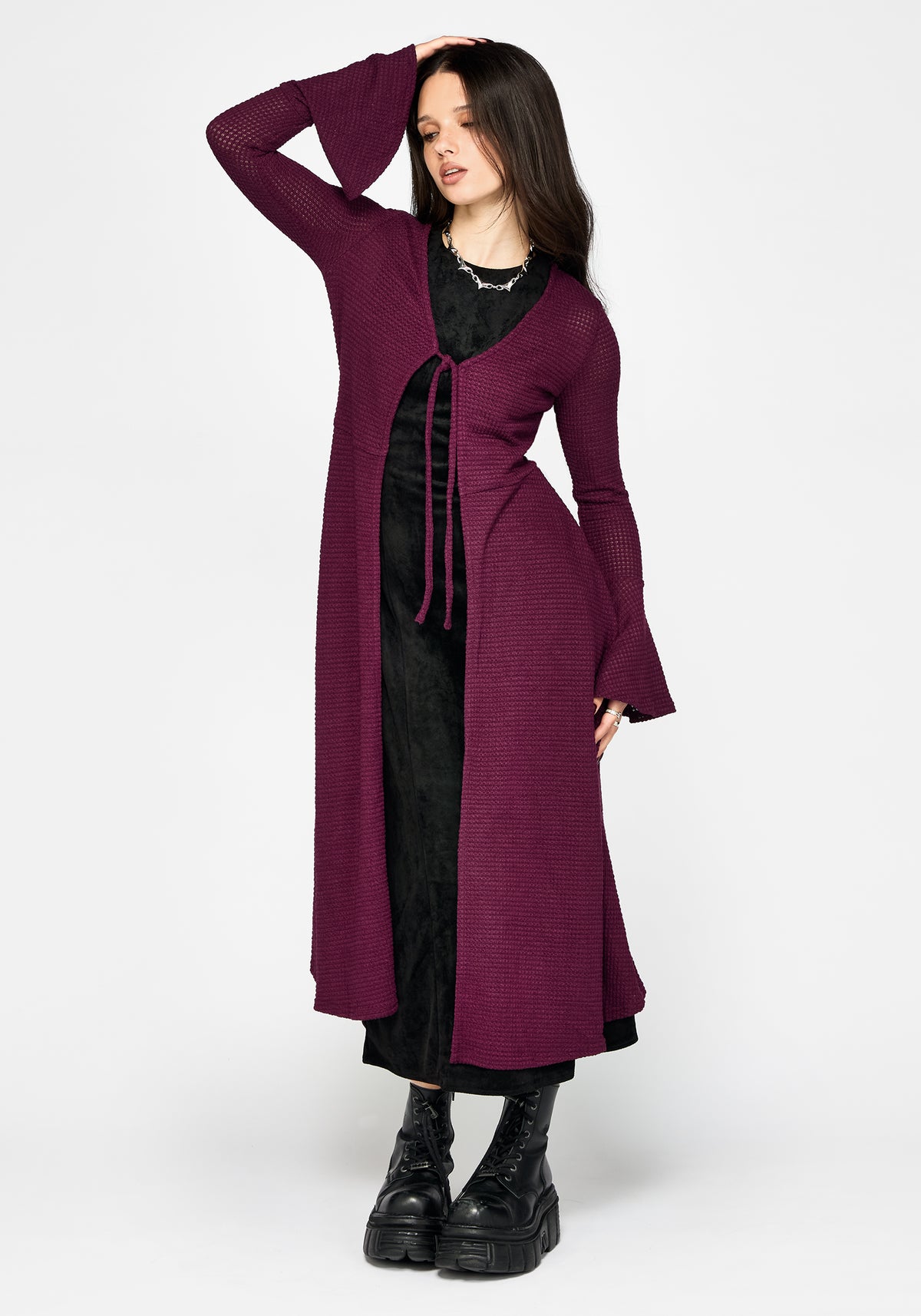 Xana Textured Tie Front Long Cardigan - Purple