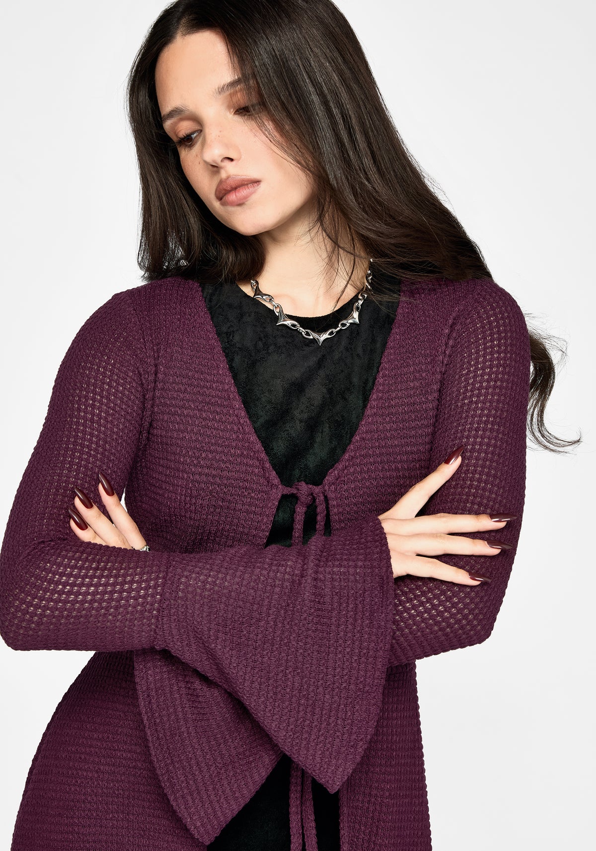 Xana Textured Tie Front Long Cardigan - Purple