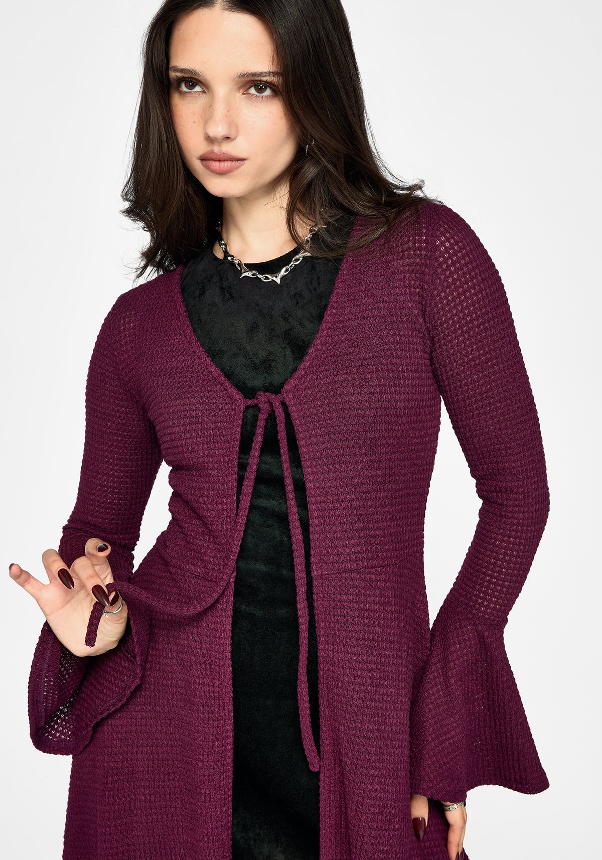 Xana Textured Tie Front Long Cardigan - Purple