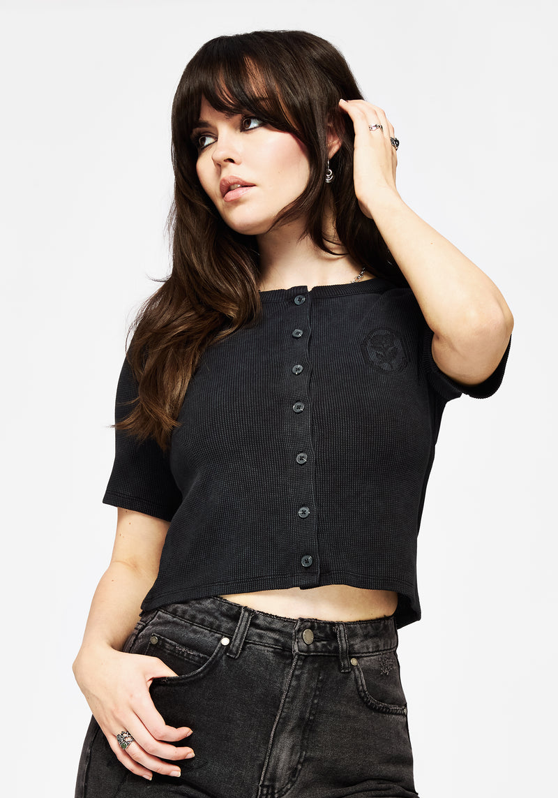 Faye Cotton-Blend Floral Embroidered Waffle Button Up Top