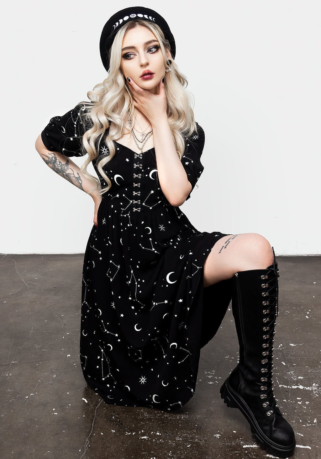 Forever 21 Women's Celestial Print Open-Back Midi Dress - Star Print, Shirred Bodice, Long Peasant Sleeves - View #12