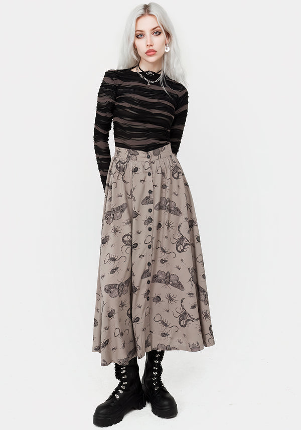 Parasite Bugs Print Button Down Midi Skirt - Taupe