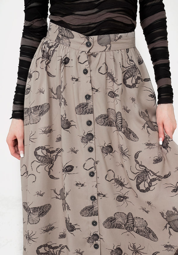 Parasite Bugs Print Button Down Midi Skirt - Taupe
