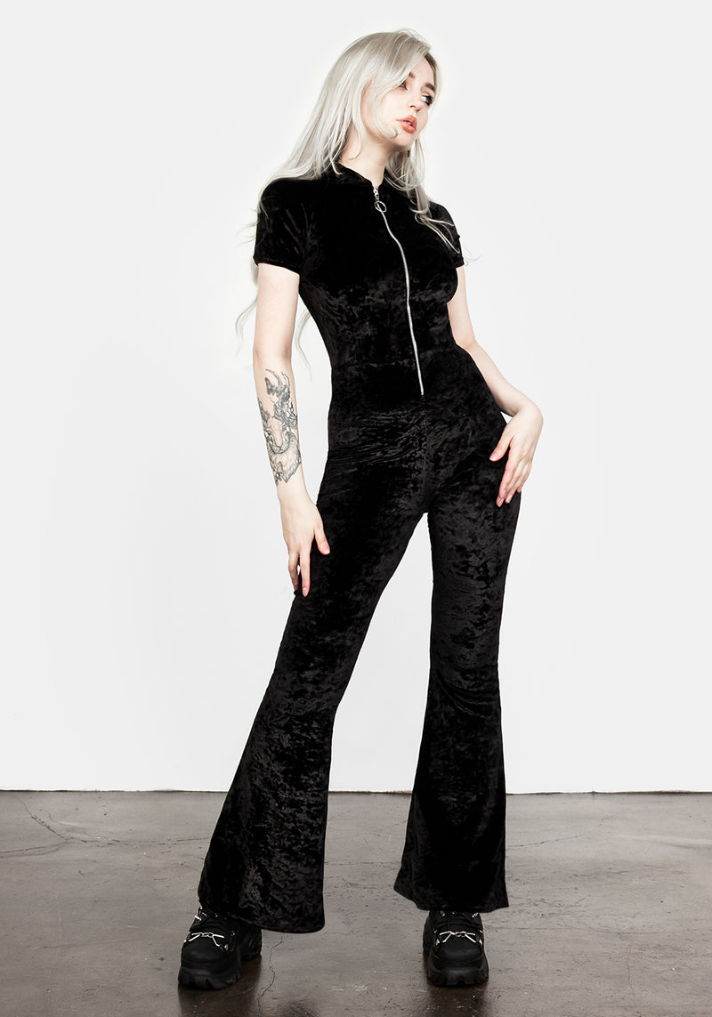 Foxy Zip Up Velour Flared Jumpsuit
