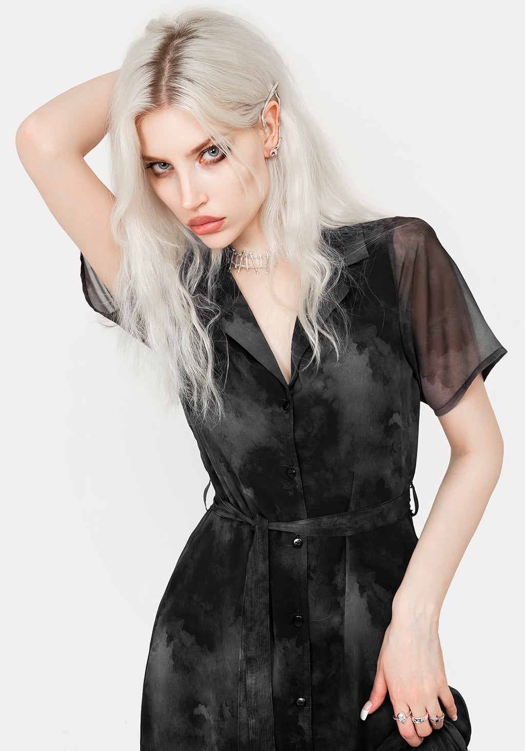 Robe Chemisier Emma & Michele à Taille Nouée - Manches Longues Rayures Noir/rouge/blanc - Taille S