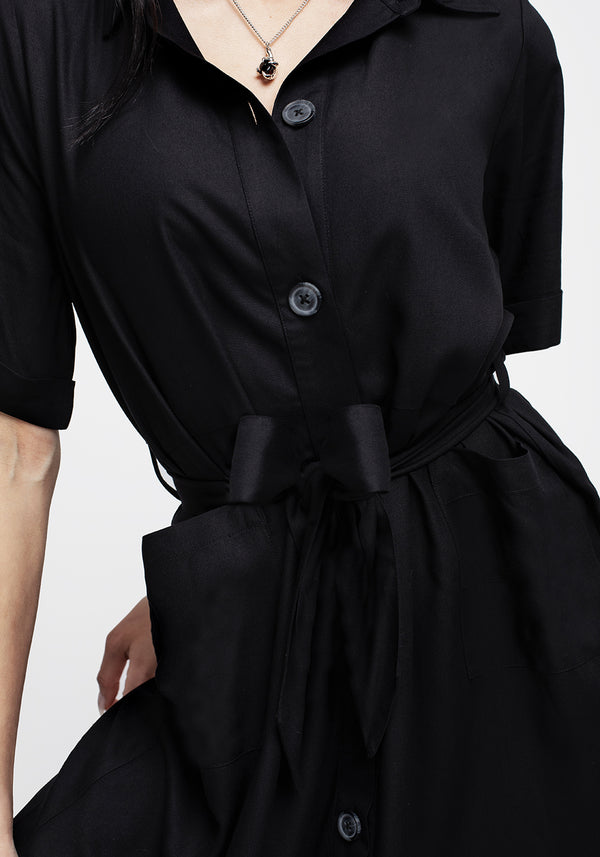 Maidenhair Midi Short Sleeve Shirt Dress - Midnight Black