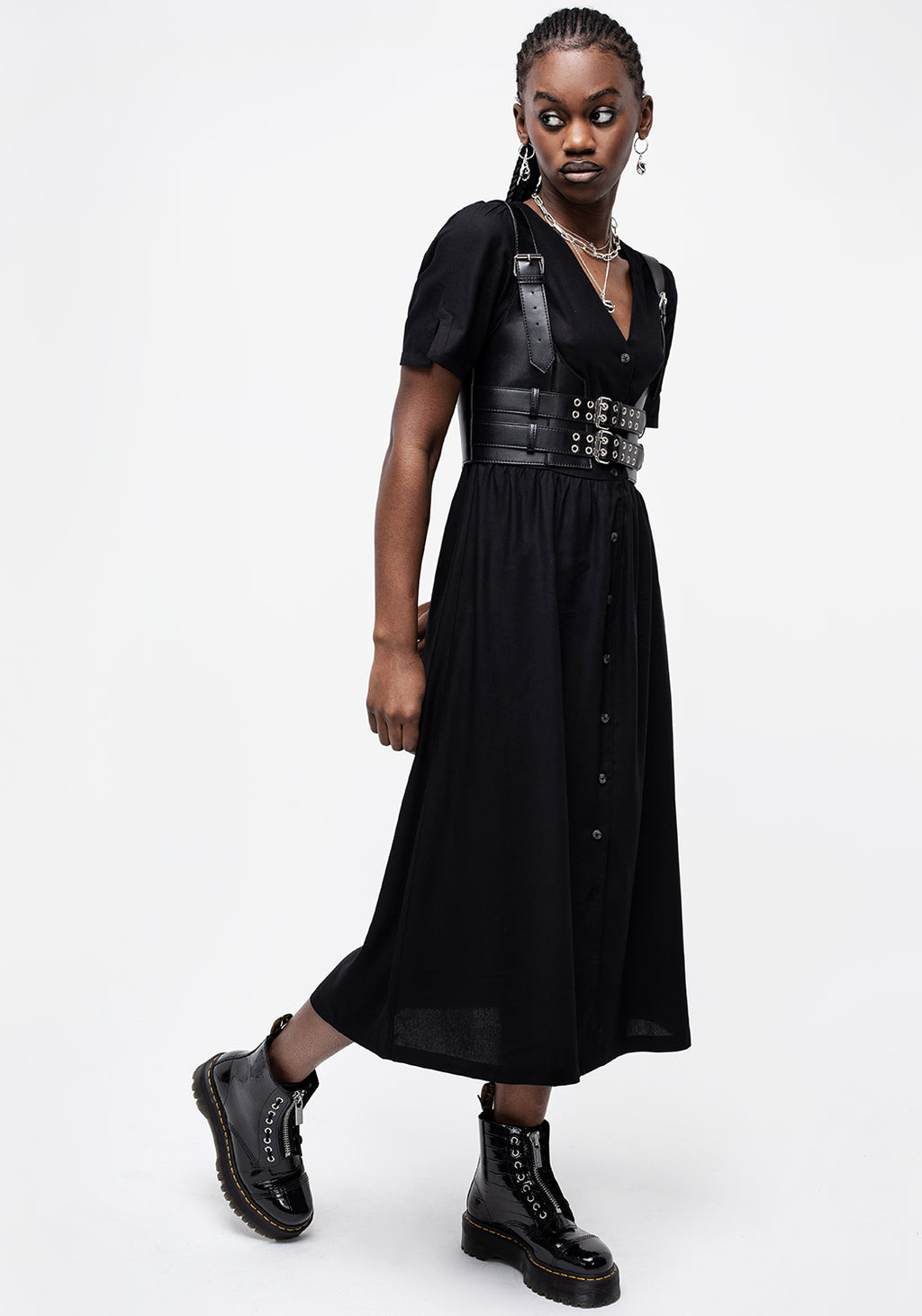 Realm Button Down Midi Dress Midnight Black Disturbia