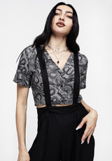 Ophidia Snakes Print Button Down Crop Top - Grey