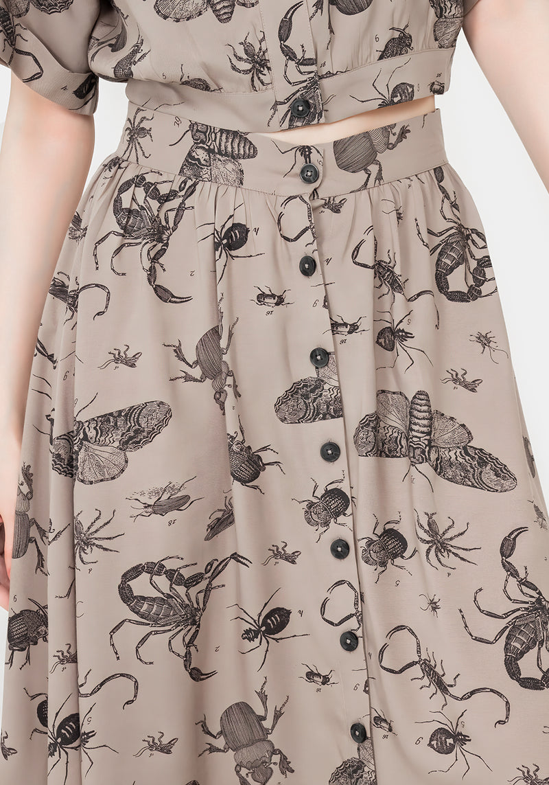 Parasite Bugs Print Button Down Midi Skirt - Taupe