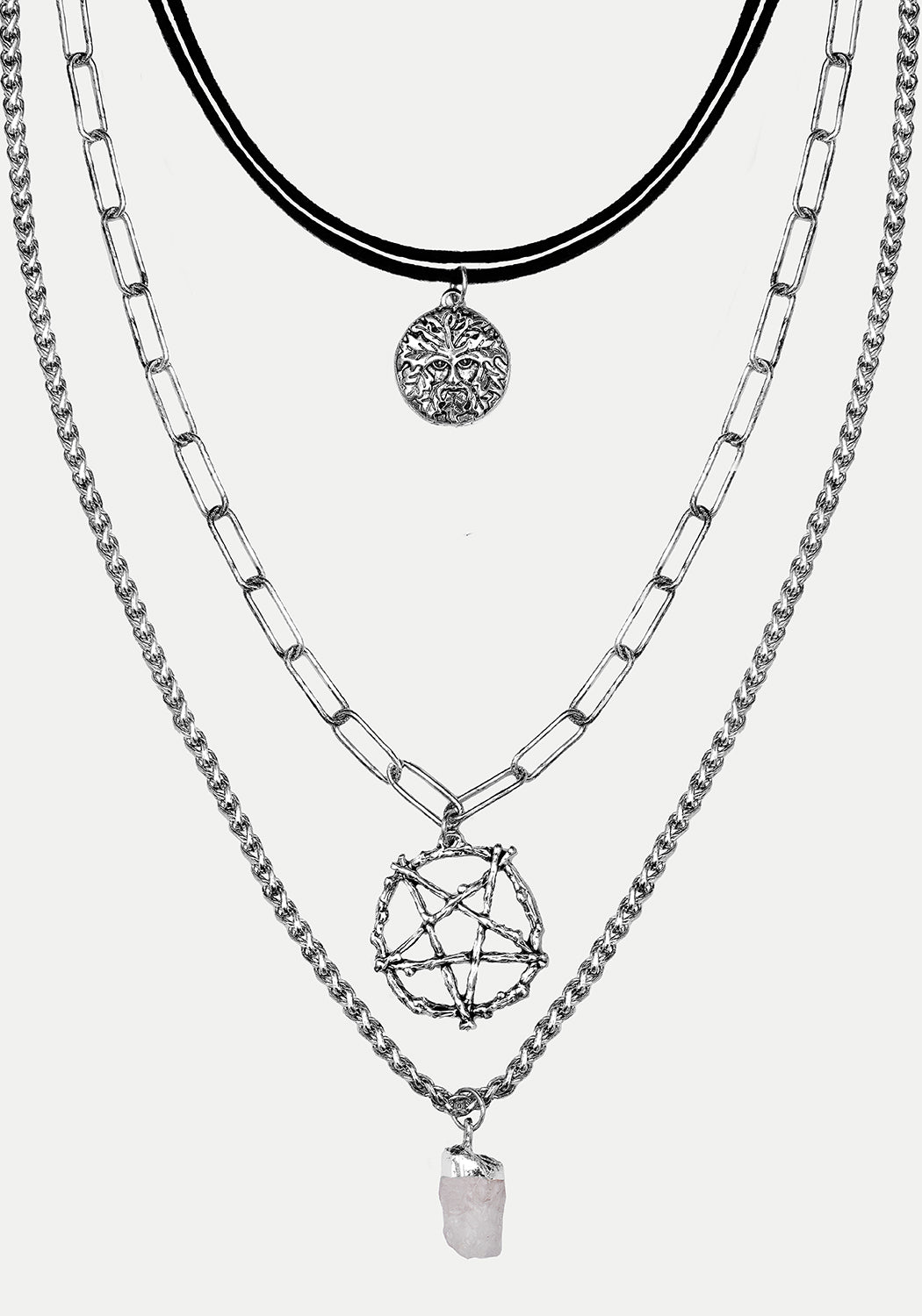 Triune 3 Layered Necklace Pentagram and Crystal